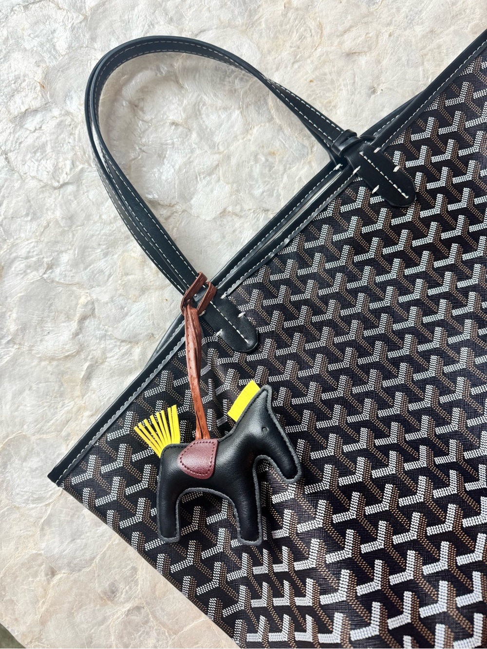 Black Patterned Tote Bag with Black Leather Trim and Horse Charm